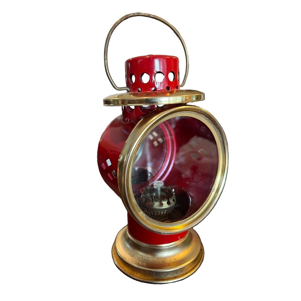 Vintage Oil Lamp Carriage Red Brass Metal Mirror Glass (C6)